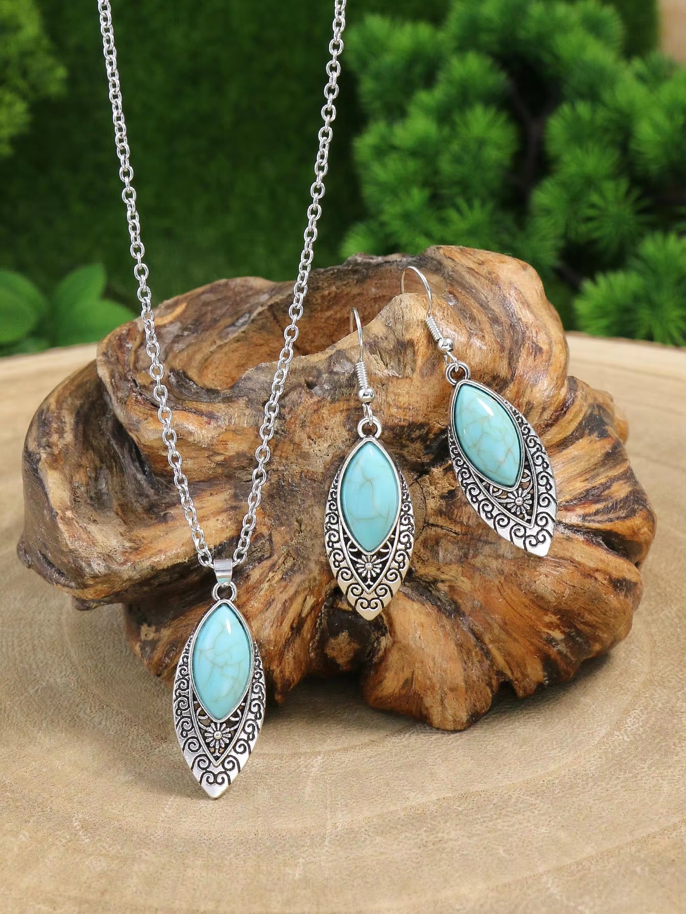Spiritual Abacus-Ethnic Boho Turquoise Necklace & Earring Set Vintage Silver-Plated Floral Jewelry
