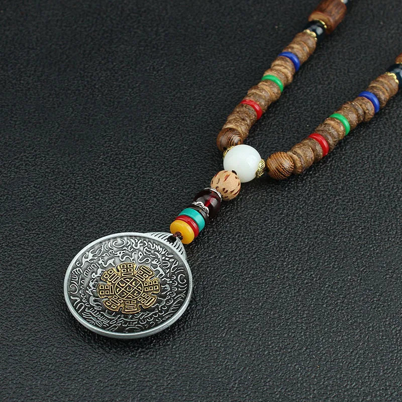 Spiritual Abacus Tibetan Wooden Mala Necklace – Six-Character Mantra Prayer Wheel Pendant for Men & Women