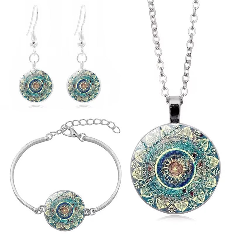 🕉️ Spiritual Abacus Mandala & Om Symbol Jewelry Set – Charm Earrings + Necklace for Women