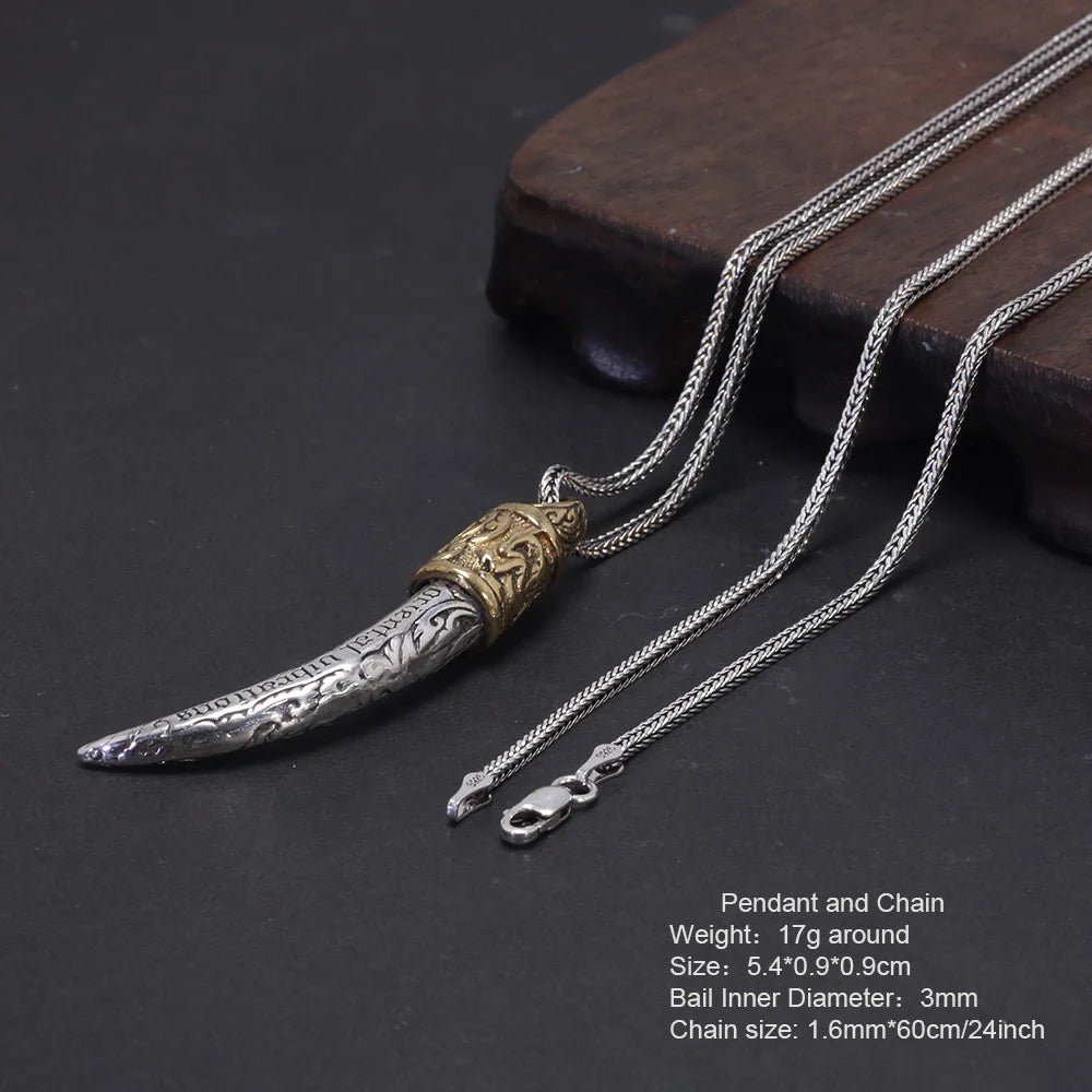 🐺 Spiritual Abacus 925 Sterling Silver Wolf Tooth Pendant – Viking-Inspired Animal Talisman Necklace for Men