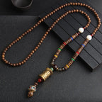 🐟 Handmade Nepalese Mala Necklace – Wood Beads with Horn Pendant Ethnic Buddhist Prayer Necklace for Men & Women – Spiritual Jewelry by Spiritual Abacus