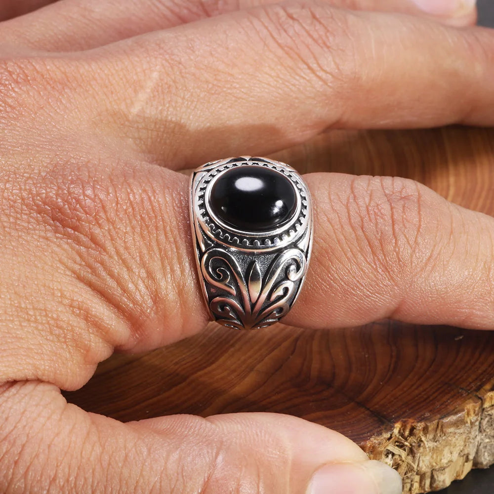 🔥 Spiritual Abacus 925 Sterling Silver Vintage Garnet Ring – Men's Natural Stone Flower Engraved Statement Jewelry