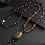 🐟 Handmade Nepalese Mala Necklace – Wood Beads with Horn Pendant Ethnic Buddhist Prayer Necklace for Men & Women – Spiritual Jewelry by Spiritual Abacus