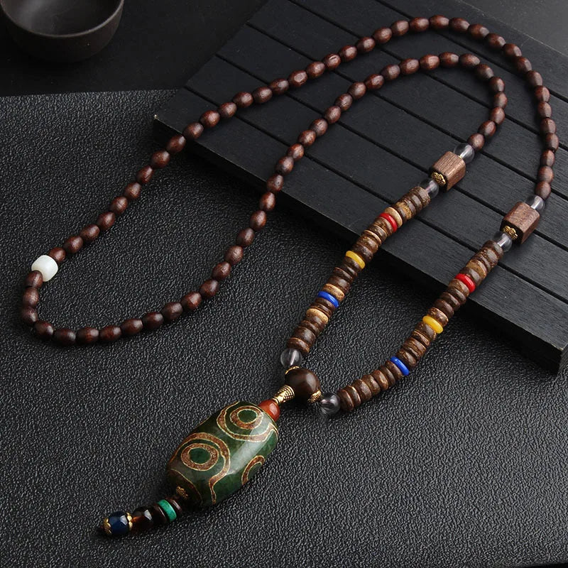 🐟 Handmade Nepalese Mala Necklace – Wood Beads with Horn Pendant Ethnic Buddhist Prayer Necklace for Men & Women – Spiritual Jewelry by Spiritual Abacus