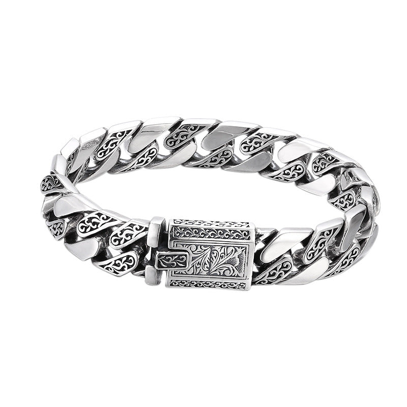 Spiritual Abacus 925 Sterling Silver Tangcao Pattern Cuban Bracelet – Thick Men’s Style