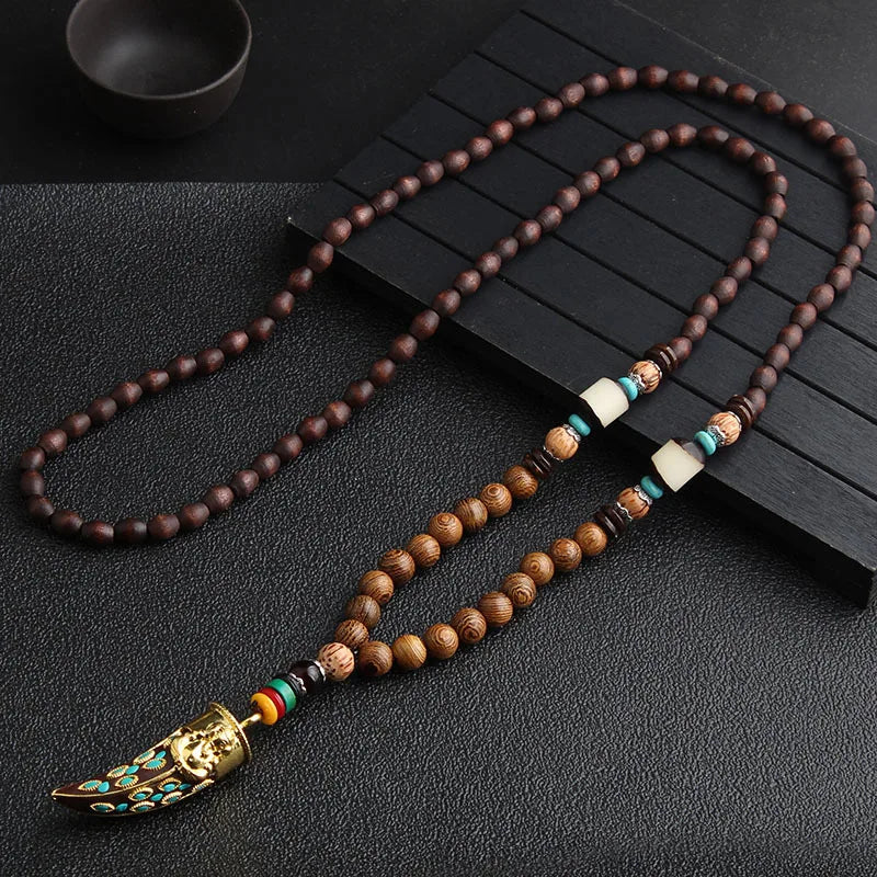 🐟 Handmade Nepalese Mala Necklace – Wood Beads with Horn Pendant Ethnic Buddhist Prayer Necklace for Men & Women – Spiritual Jewelry by Spiritual Abacus