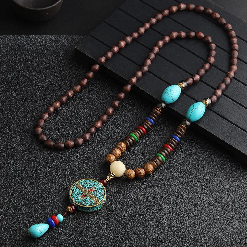 🐟 Handmade Nepalese Mala Necklace – Wood Beads with Horn Pendant Ethnic Buddhist Prayer Necklace for Men & Women – Spiritual Jewelry by Spiritual Abacus