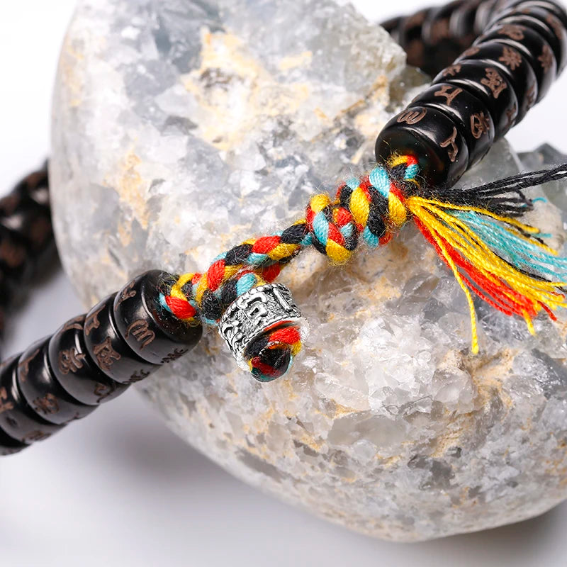 Spiritual Abacus Tibetan Buddhist Braided Bracelet – OM Mani Padme Hum | Natural Coconut Shell Beads | Unisex Spiritual Jewelry