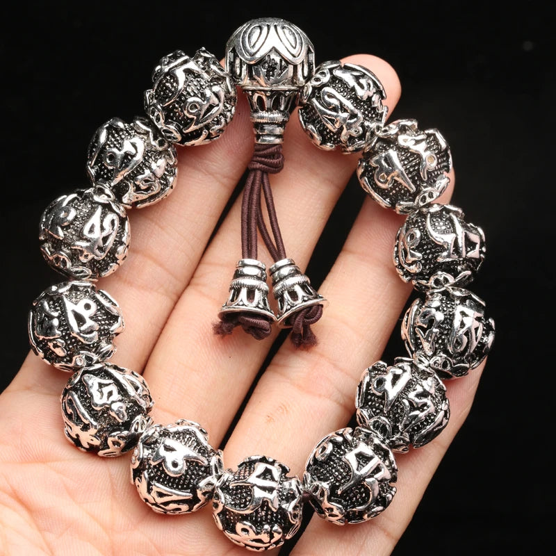 Spiritual Abacus Tibetan Silver Mantra Bracelet – Handmade Nepalese Heart Sutra & Six-Word Mantra Bead Bracelet