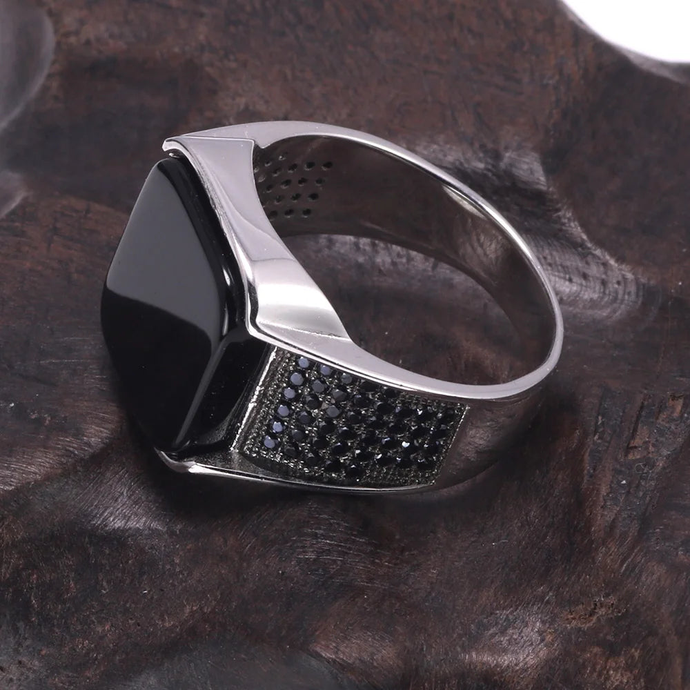 Guaranteed 925 Sterling Silver Rings Antique Turkish Ring Jewellery for Men with Square Black Natural Stones Simple Design