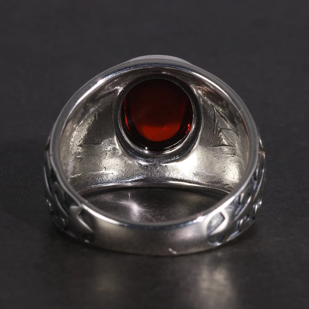 🔥 Spiritual Abacus 925 Sterling Silver Vintage Garnet Ring – Men's Natural Stone Flower Engraved Statement Jewelry