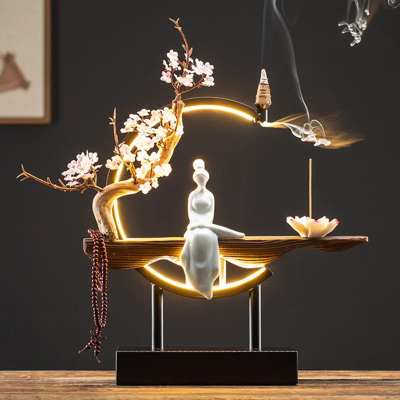 Spiritual Abacus LED Lotus Girl Backflow Incense Burner – USB Ceramic Circle Design with Stick & Cone Holder for Home & Office