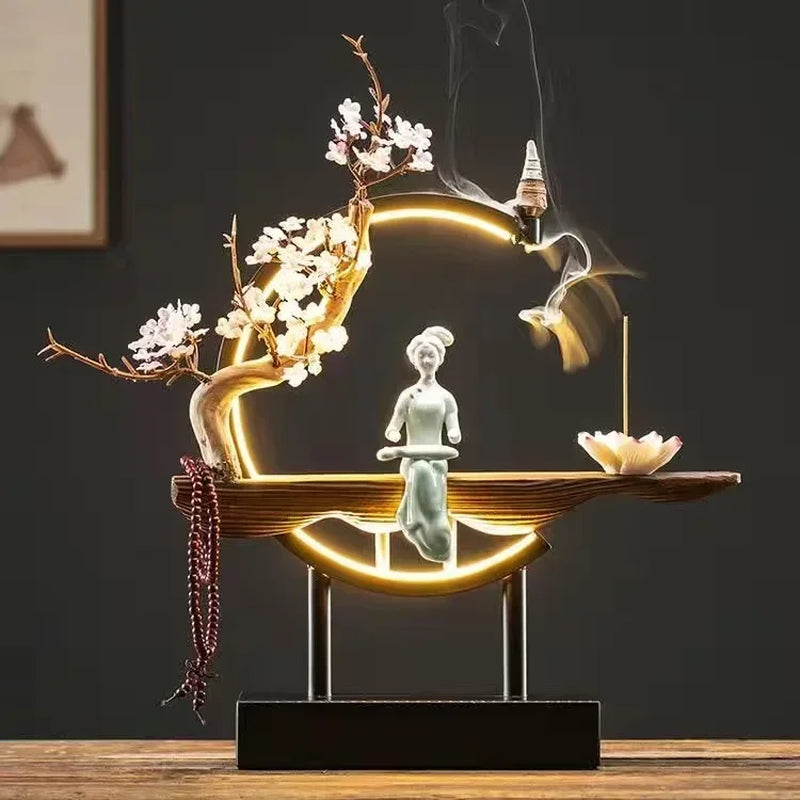 Spiritual Abacus LED Lotus Girl Backflow Incense Burner – USB Ceramic Circle Design with Stick & Cone Holder for Home & Office