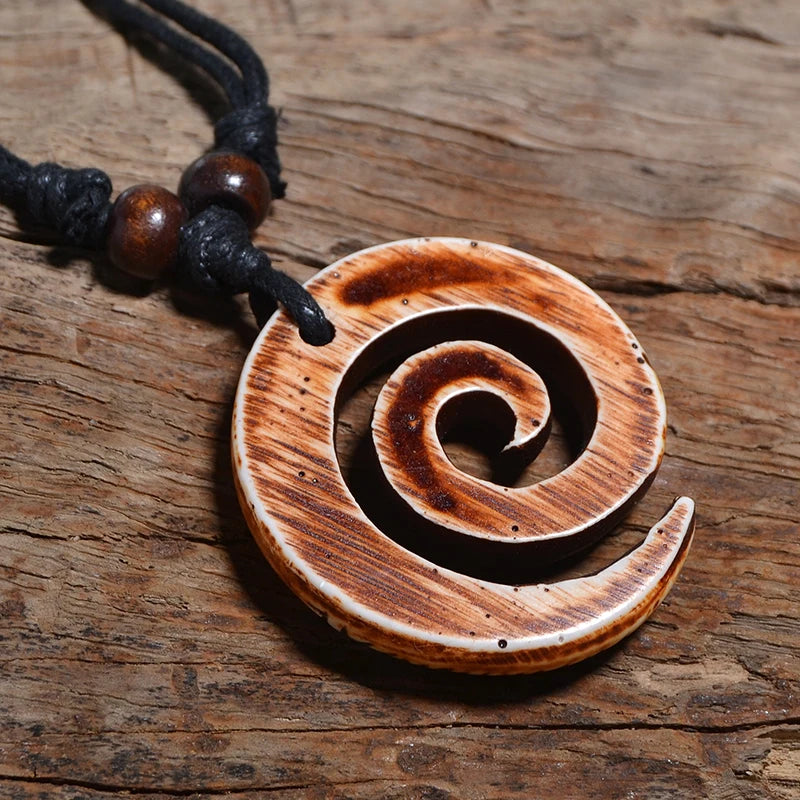 🌿 Spiritual Abacus Māori Spiral Koru Necklace – Tribal Style Imitation Yak Bone Pendant