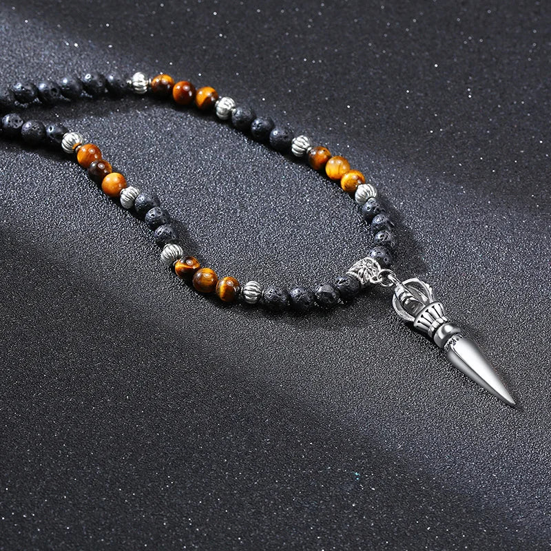 🗡️ Spiritual Abacus Tibetan Phurba Kilaya Necklace Tiger’s Eye & Lava Stone Necklace
