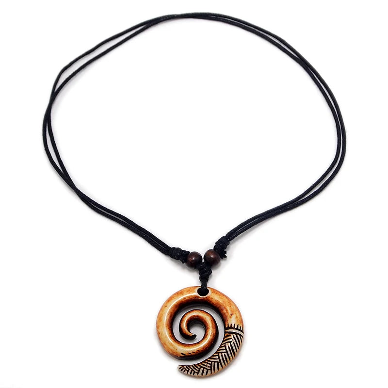 🌿 Spiritual Abacus Māori Spiral Koru Necklace – Tribal Style Imitation Yak Bone Pendant