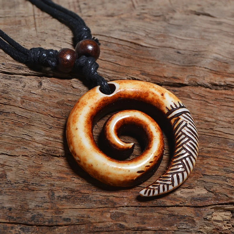 🌿 Spiritual Abacus Māori Spiral Koru Necklace – Tribal Style Imitation Yak Bone Pendant