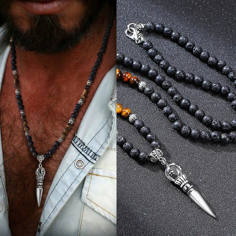 🗡️ Spiritual Abacus Tibetan Phurba Kilaya Necklace Tiger’s Eye & Lava Stone Necklace