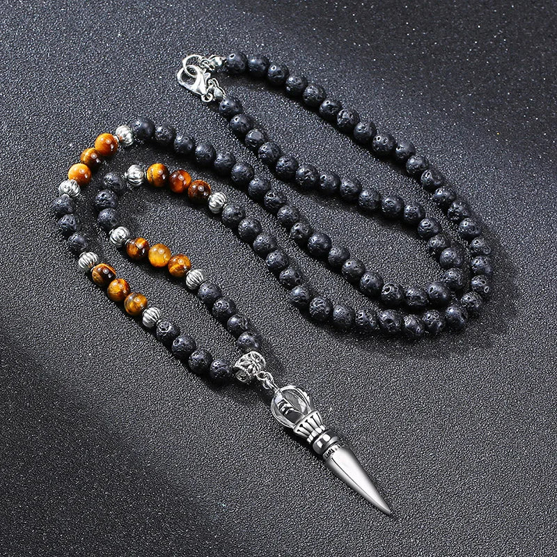 🗡️ Spiritual Abacus Tibetan Phurba Kilaya Necklace Tiger’s Eye & Lava Stone Necklace