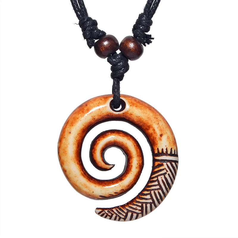 🌿 Spiritual Abacus Māori Spiral Koru Necklace – Tribal Style Imitation Yak Bone Pendant