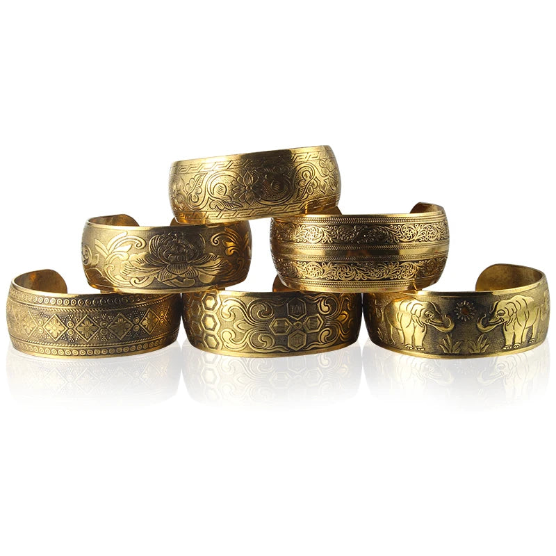 Spiritual Abacus™ Bohemian Elephant Cuff Bracelet – Vintage Tibetan Bronze Flower Carved Bangle for Women