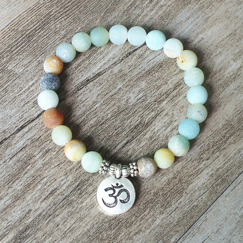 Spiritual Abacus™ Matte Amazonite Beaded Bracelet – Handmade OM Lotus Yoga Mala Jewelry for Men & Women