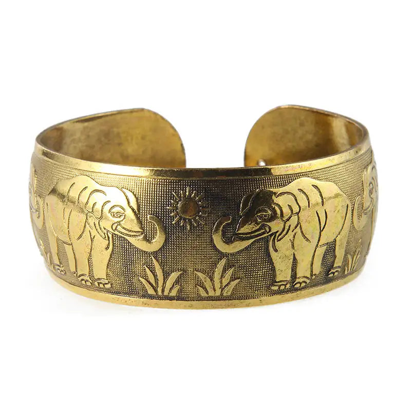 Spiritual Abacus™ Bohemian Elephant Cuff Bracelet – Vintage Tibetan Bronze Flower Carved Bangle for Women