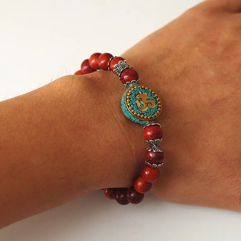 Spiritual Abacus™ Red Sandalwood OM Mala Bracelet – Tibetan Prayer Beads for Men & Women