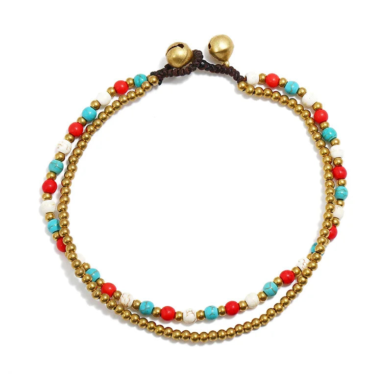 Spiritual Abacus™ Turquoise & Copper Bead Anklet – Bohemian Style Women’s Beach Jewelry with Bells