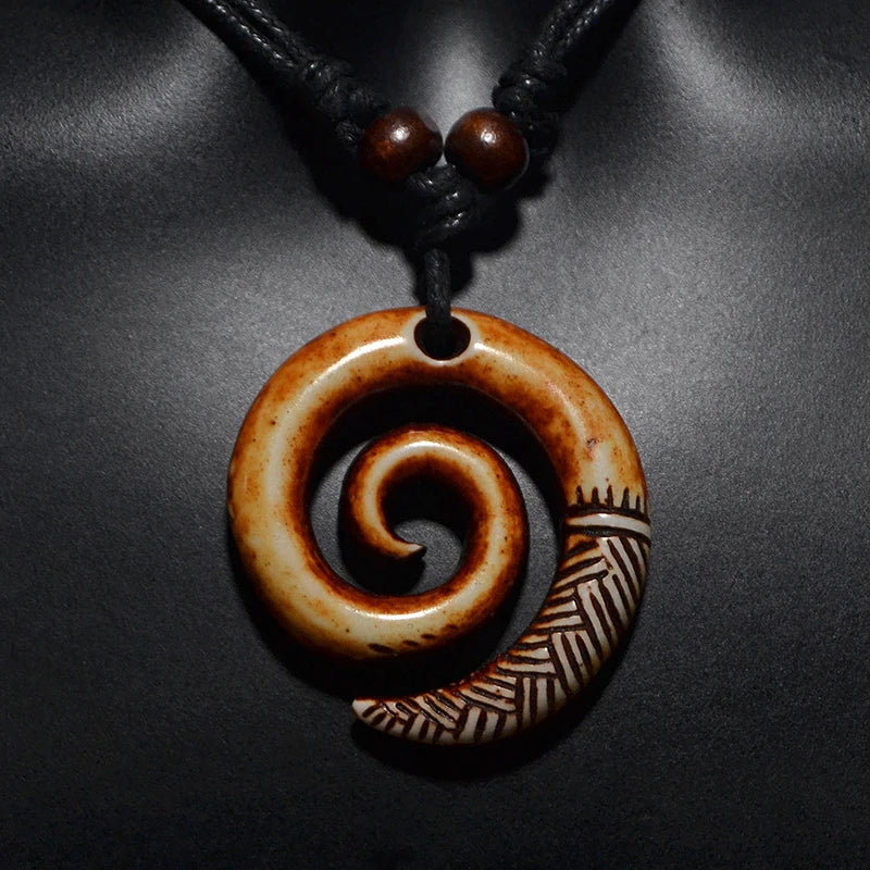 🌿 Spiritual Abacus Māori Spiral Koru Necklace – Tribal Style Imitation Yak Bone Pendant