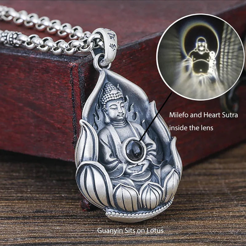 Spiritual Abacus™ 999 Sterling Silver Guanyin & Buddha Mantra Pendant – Lotus Design Retro Amulet Necklace with Six-Word Engraving
