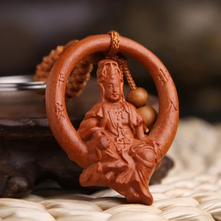 Spiritual Abacus™ Wooden Buddha Keychain – Hand-Carved Guanyin & Monk-Inspired Lucky Charm Pendant for Car, Bag & Keys