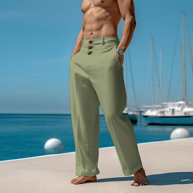 🌬️ Spiritual Abacus – Men’s Cotton Linen Casual Beach Pants - Solid Color • Buttoned • Loose Fit • Breathable Long Trousers for Spring/Summer Streetwear