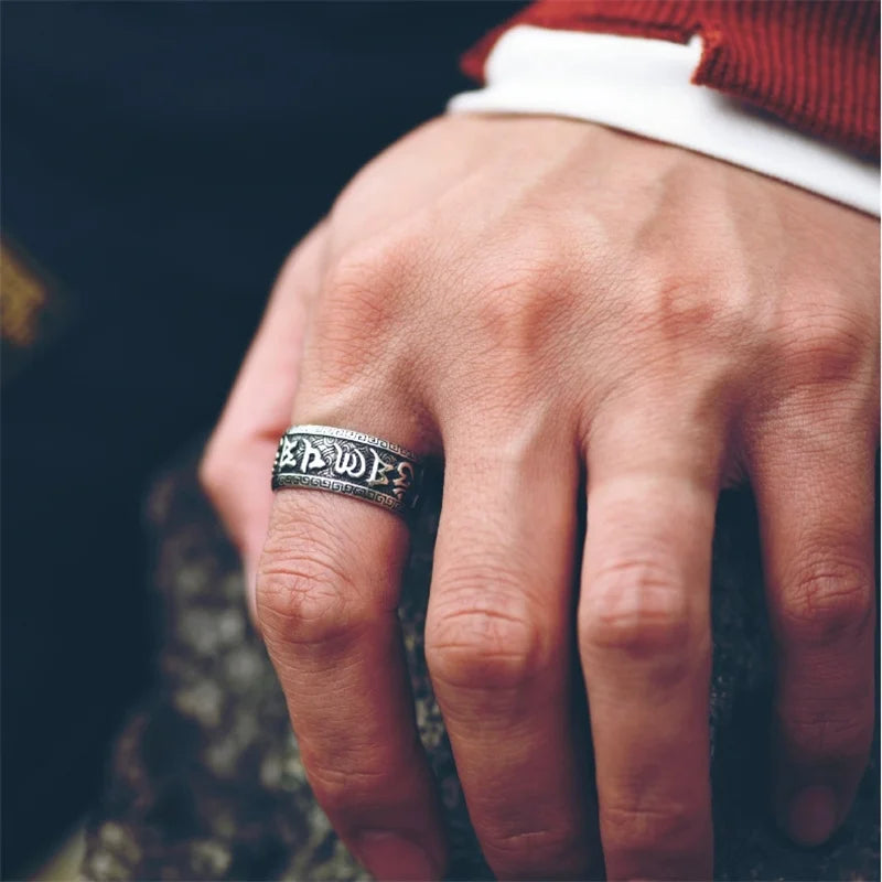 💍 Spiritual Abacus 925 Sterling Silver Mantra Ring Adjustable Retro Buddhist Om Mani Padme Hum Ring for Men