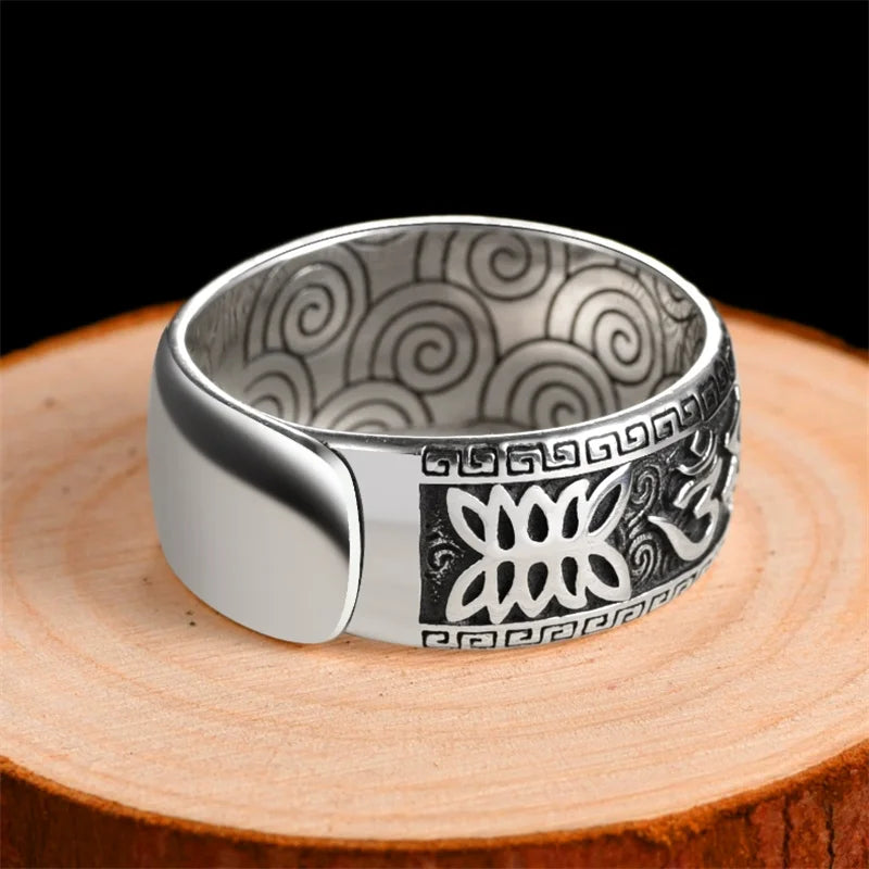 💍 Spiritual Abacus 925 Sterling Silver Mantra Ring Adjustable Retro Buddhist Om Mani Padme Hum Ring for Men