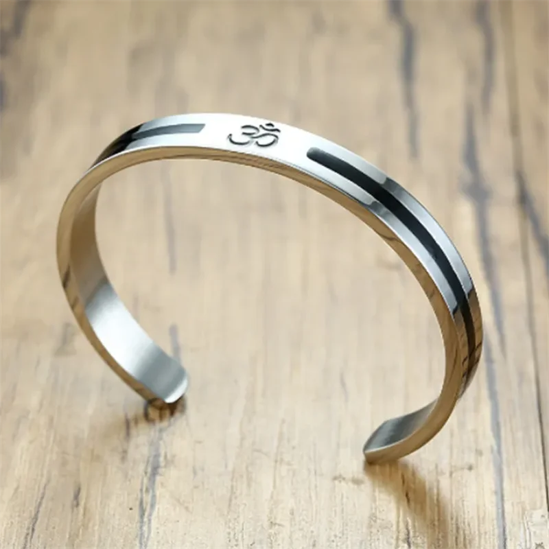 🕉 Spiritual Abacus Stainless Steel OM Cuff Bracelet – Silver Color Open Bangle for Men & Women