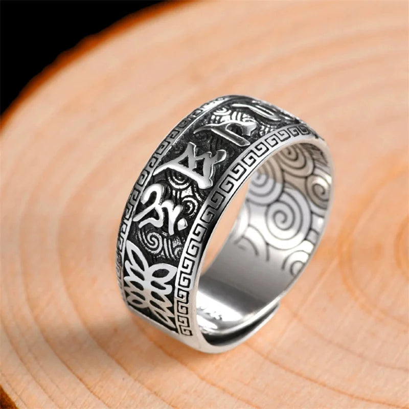 💍 Spiritual Abacus 925 Sterling Silver Mantra Ring Adjustable Retro Buddhist Om Mani Padme Hum Ring for Men