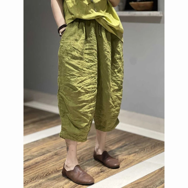 🌀 Spiritual Abacus – Cotton Linen Cropped Harem Pants (Unisex) - Solid Color • Elastic Waist • Loose Fit • Retro Casual Style