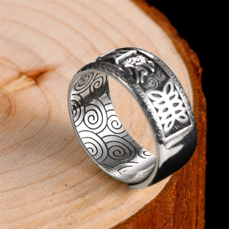 💍 Spiritual Abacus 925 Sterling Silver Mantra Ring Adjustable Retro Buddhist Om Mani Padme Hum Ring for Men