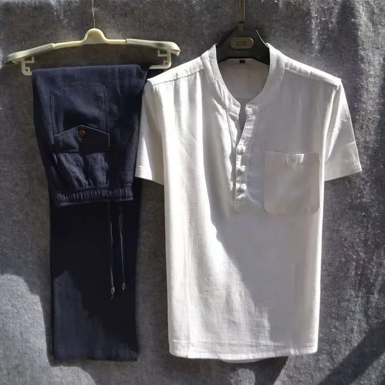 Spiritual Abacus™ Men’s Cotton-Linen Short-Sleeve Shirt & Shorts Set – Summer Casual Solid Color Outfit