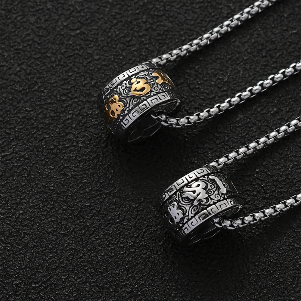 🔱 Spiritual Abacus Six-Character Mantra Necklace Vintage Stainless Steel Buddhist Pendant for Men