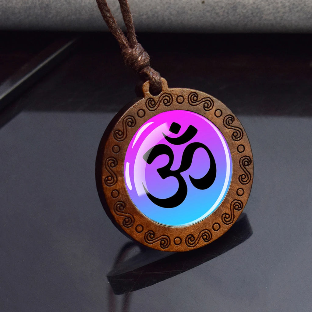 Spiritual Abacus™ Wooden OM Pendant Necklace – Symbol Glass Dome Yoga & Meditation Jewelry