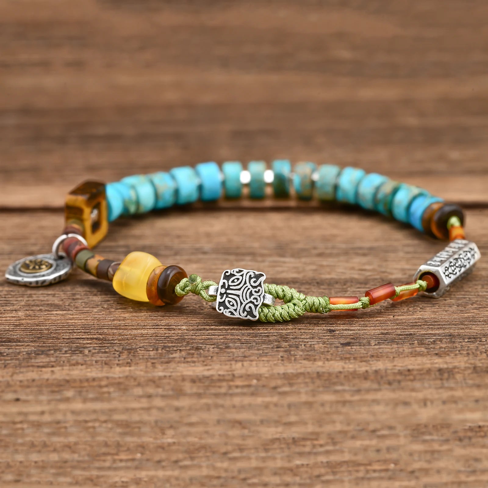 🍃 Spiritual Abacus Green Stone Handmade Bracelet – OM Lotus Charm with Tiger Eye, Amber & Jasper