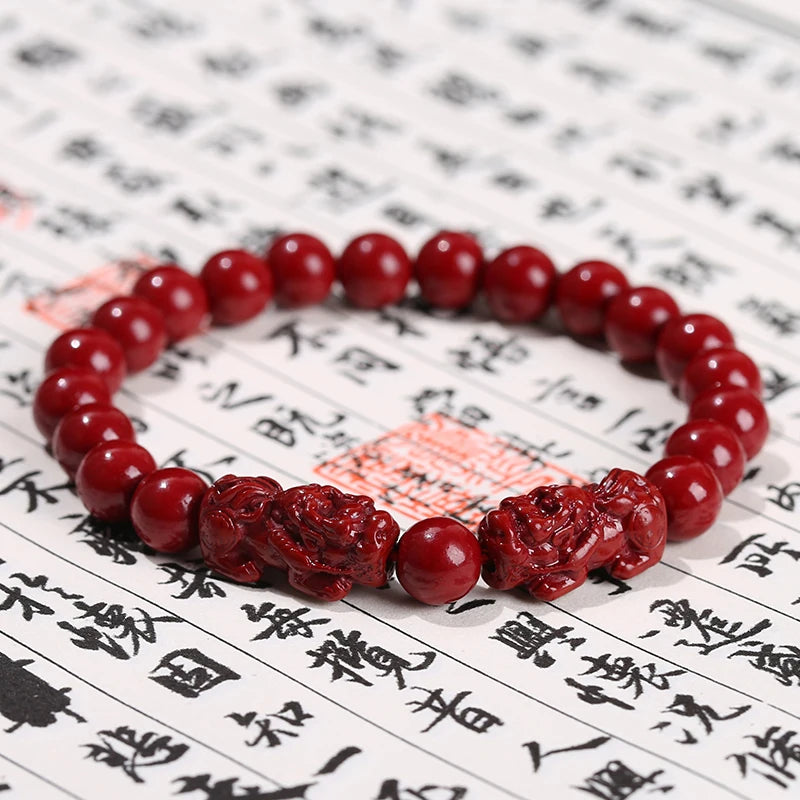 🐉 Spiritual Abacus – Natural Cinnabar Pixiu Bracelet
