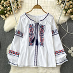 👚Spiritual Abacus – Retro Ethnic Embroidered Cotton Linen Top for Women - Loose Fit • Slimming Cut • Overhead Pullover Style • Spring & Autumn Comfort
