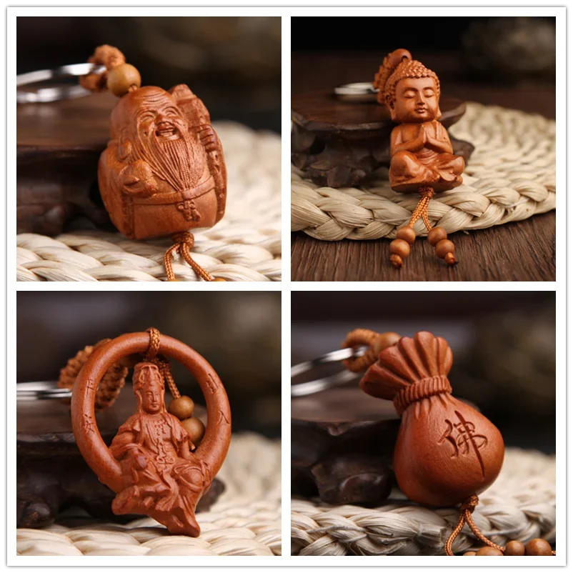 Spiritual Abacus™ Wooden Buddha Keychain – Hand-Carved Guanyin & Monk-Inspired Lucky Charm Pendant for Car, Bag & Keys