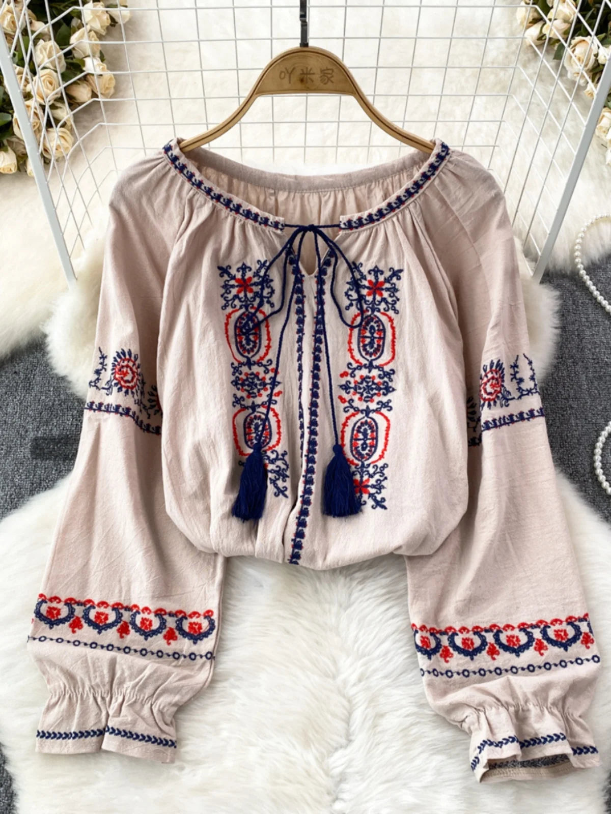 👚Spiritual Abacus – Retro Ethnic Embroidered Cotton Linen Top for Women - Loose Fit • Slimming Cut • Overhead Pullover Style • Spring & Autumn Comfort