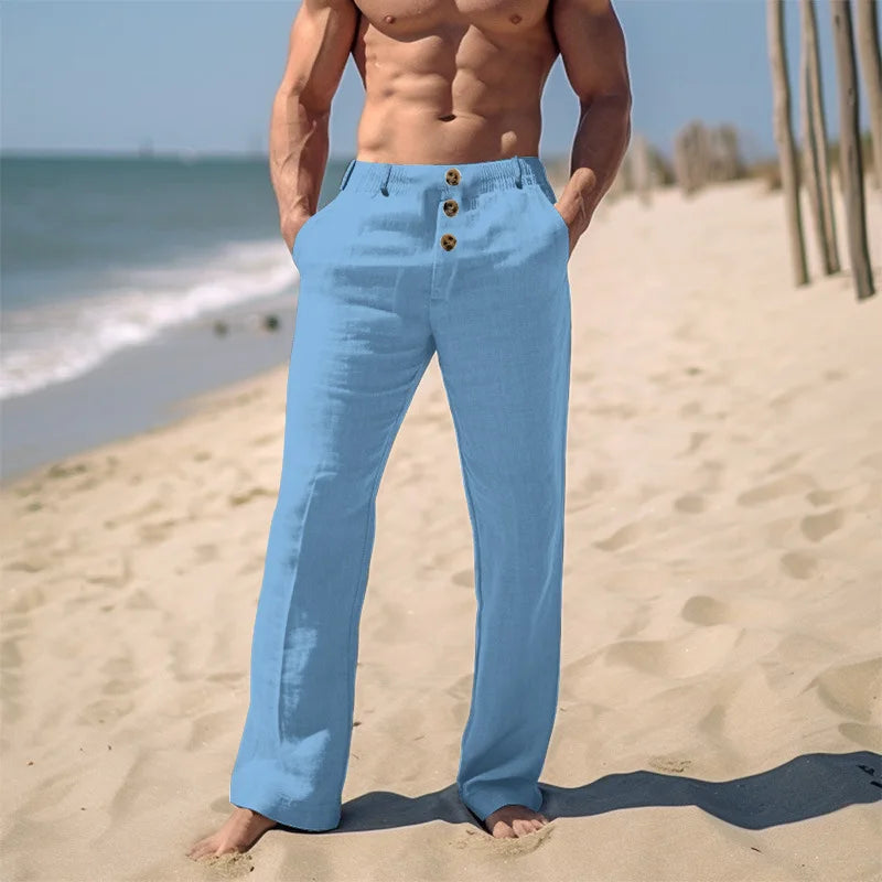 🌬️ Spiritual Abacus – Men’s Cotton Linen Casual Beach Pants - Solid Color • Buttoned • Loose Fit • Breathable Long Trousers for Spring/Summer Streetwear