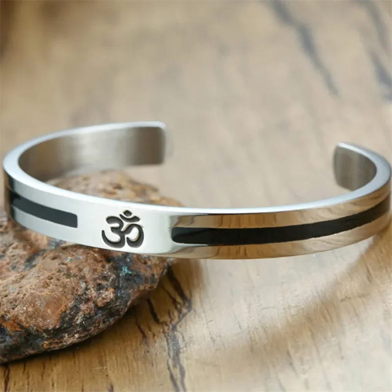 🕉 Spiritual Abacus Stainless Steel OM Cuff Bracelet – Silver Color Open Bangle for Men & Women