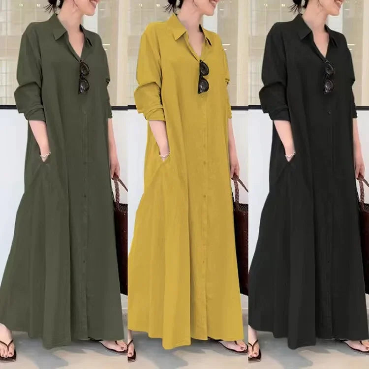 👗 Spiritual Abacus – Women’s Summer Cotton Linen Long Shirt Dress - Simple & Loose Fit • Long Sleeve • Lapel Collar • Pockets • Plus Size Friendly